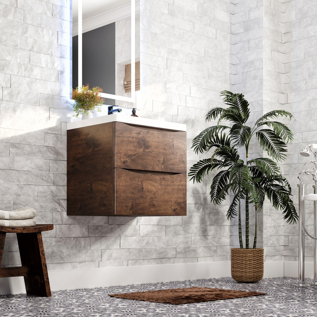 Smile 24 in. Rosewood Wall Mount Single Sink Bath Vanity with Acrylic Top and Integrated Sink