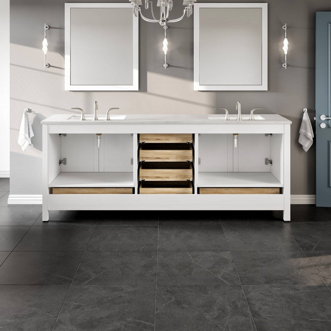 Aberdeen 84 in. White Double Sink Bath Vanity with Carrara Quartz Top and Undermount Porcelain Sinks