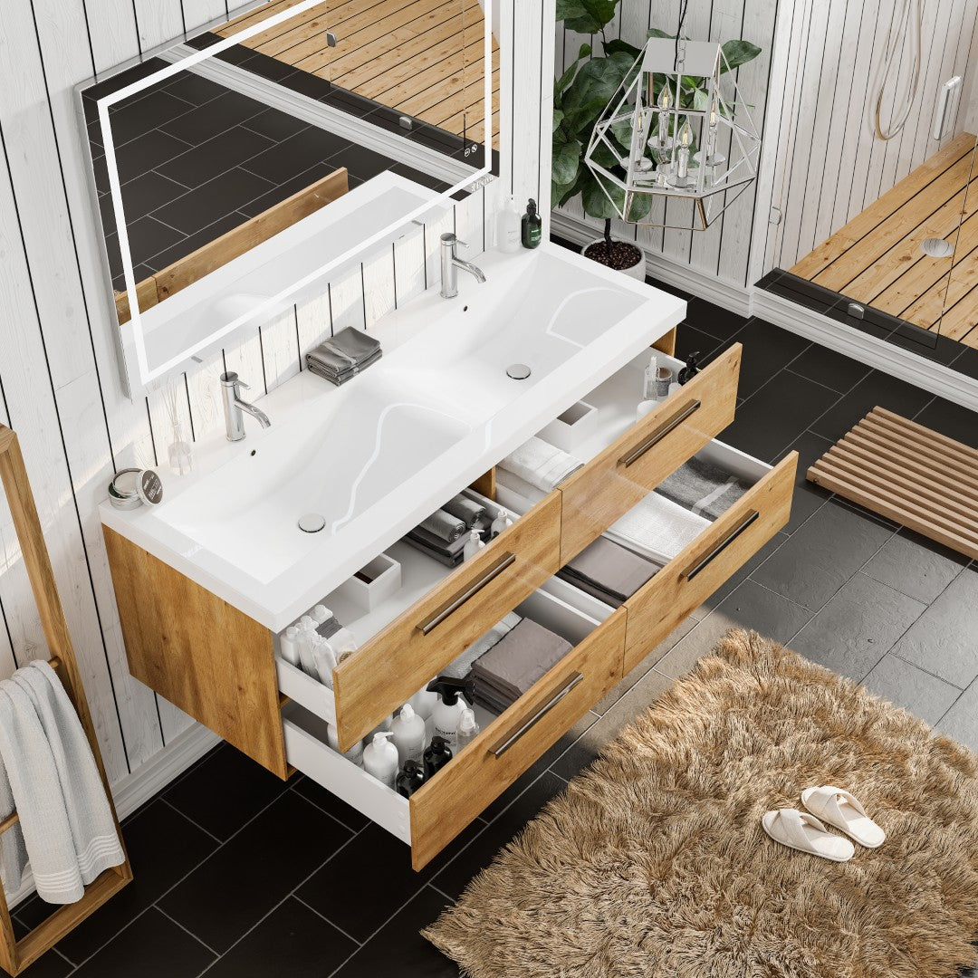 Surf 57 in. Natural Oak Wall Mount Double Sink Bath Vanity with Acrylic Top and Integrated Sinks