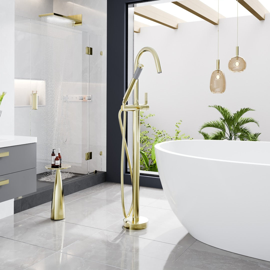 Eviva Modem Single-Handle Freestanding Tub Faucet with Hand Shower in Brushed Gold