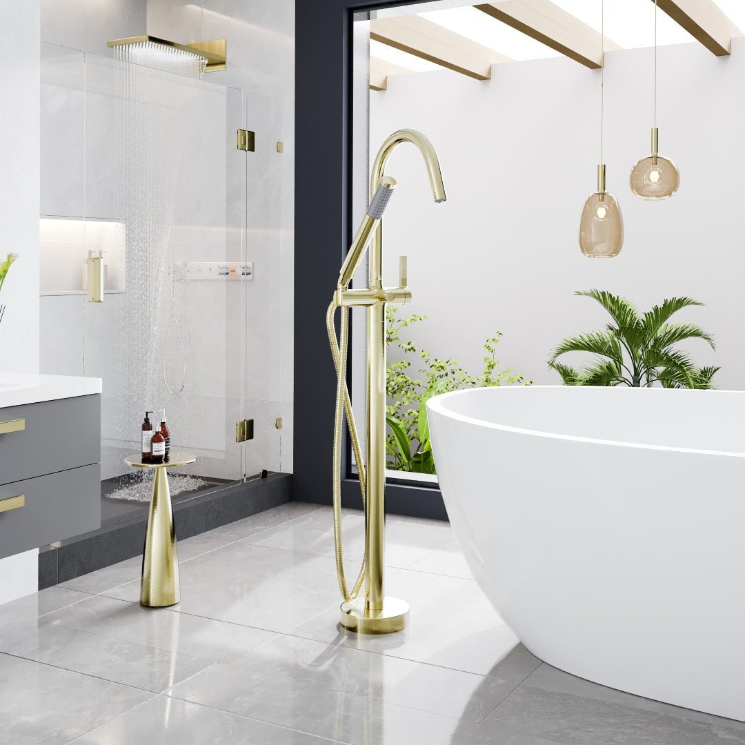 Eviva Modem Single - Handle Freestanding Tub Faucet with Hand Shower in Brushed Gold - Bathtub Faucet by Eviva