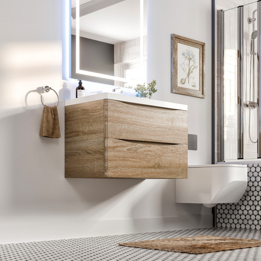 Smile 36 in. White Oak Wall Mount Single Sink Bath Vanity with Acrylic Top and Integrated Sink