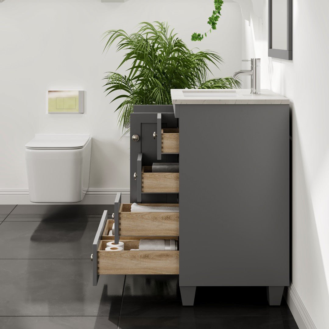 Happy 24 in. Gray Single Sink Bath Vanity with Carrara Quartz Top and Undermount Porcelain Sink - Bathroom Vanity by Eviva