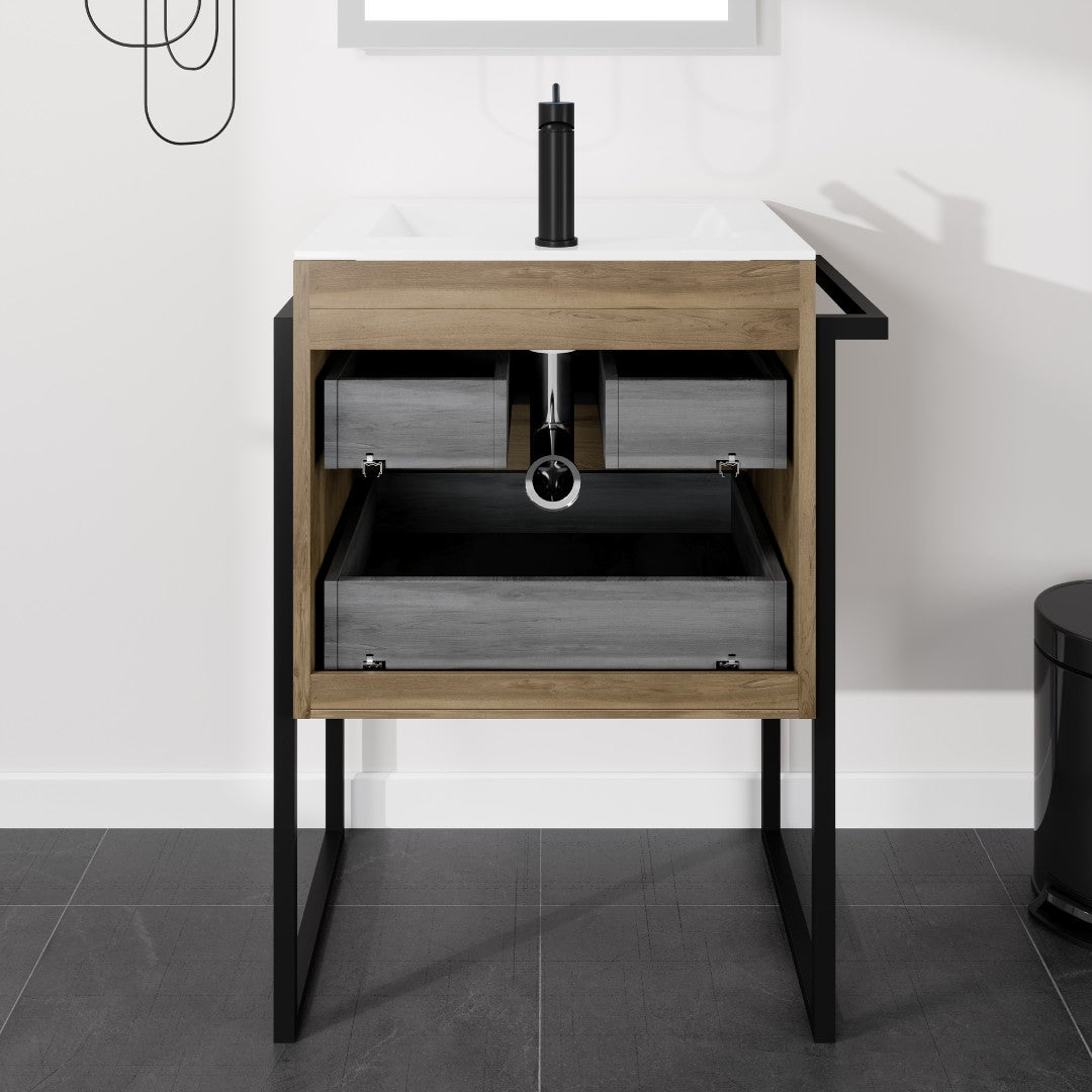 Marina 27 in. Natural Oak Single Sink Bath Vanity with Porcelain Top and Integrated Sink