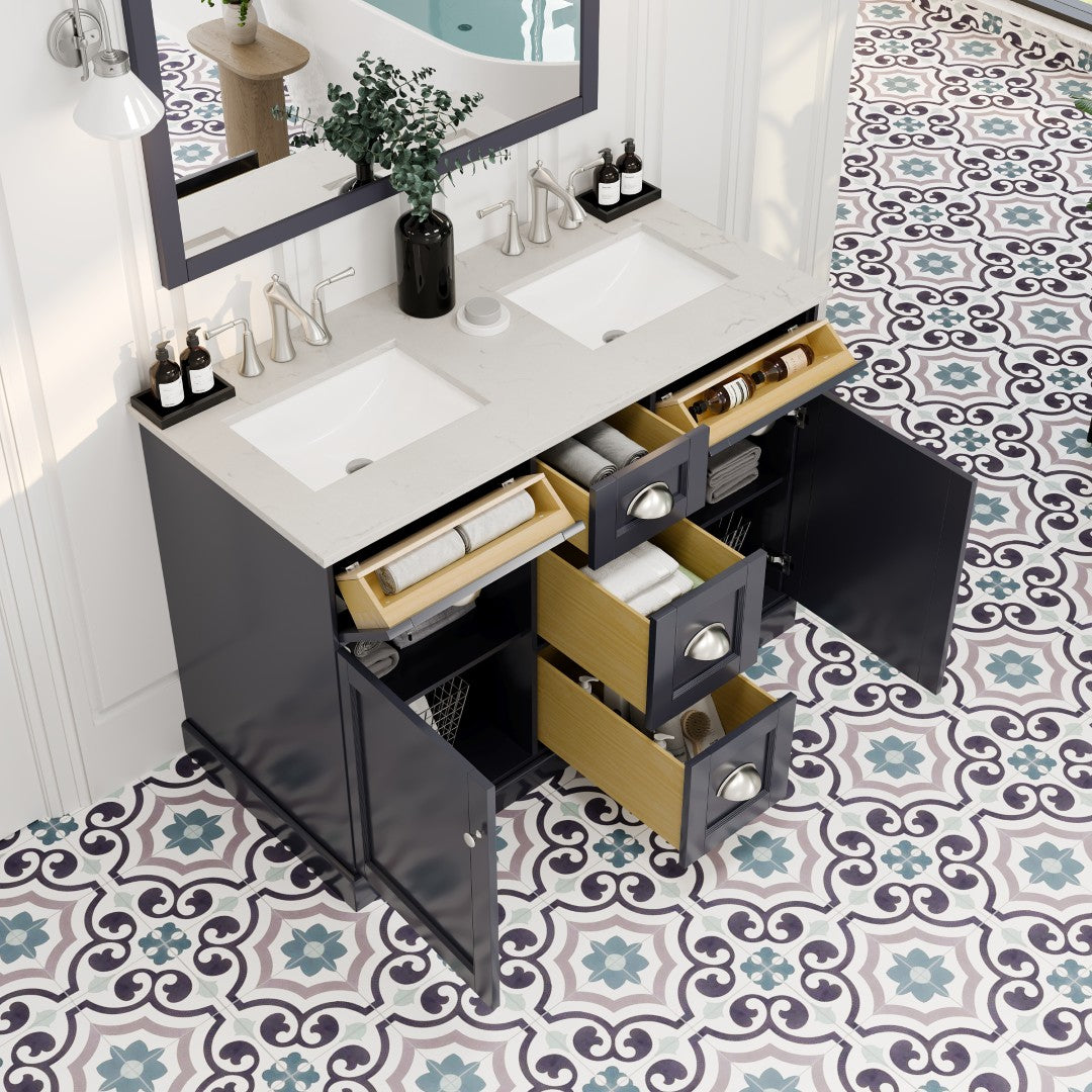 Epic 48 in. Charcoal Gray Double Sink  Bath Vanity with Carrara Quartz Top and Undermount Porcelain Sinks