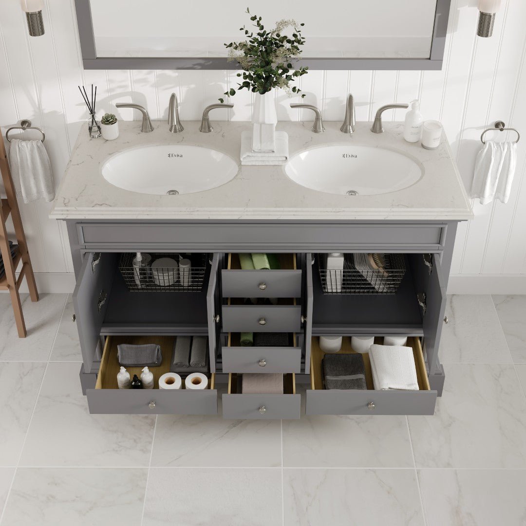 Elite Stamford 48 in. Gray Double Sink Bath Vanity with Carrara Quartz Top and Undermount Porcelain Sinks - Bathroom Vanity by Eviva