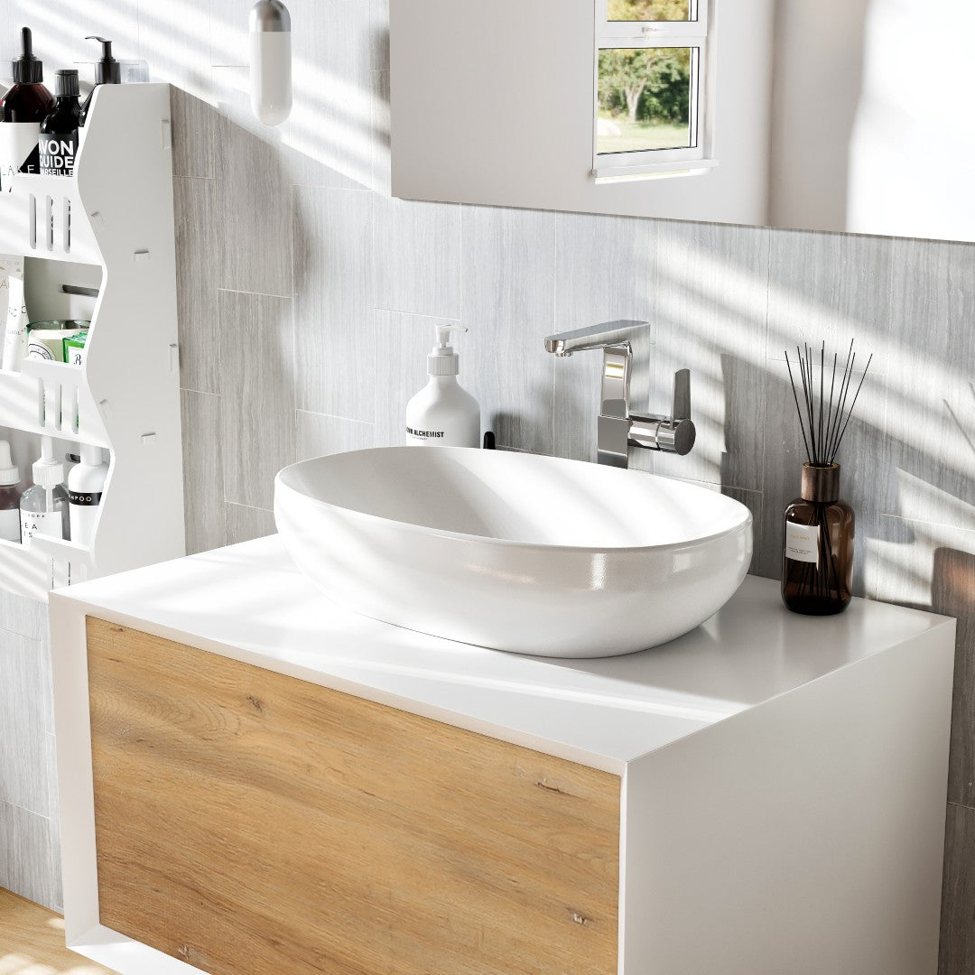 Santa Monica 30 in. White Oak Wall Mount Single Sink Bath Vanity with Acrylic Top and Vessel Solid Surface Sink