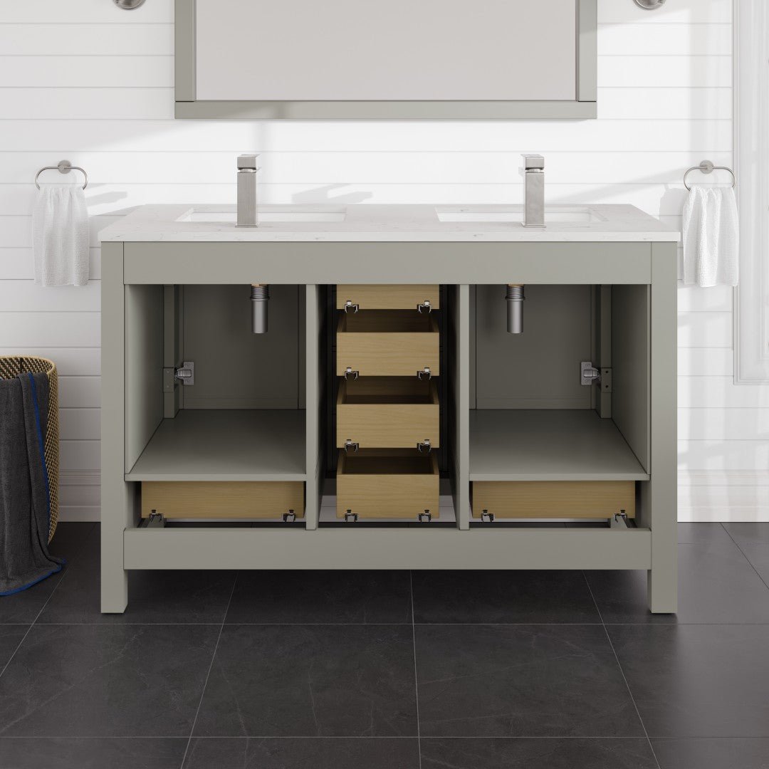 London 54 in. Gray Double Sink Bath Vanity with Carrara Quartz Top and Undermount Porcelain Sinks - Bathroom Vanity by Eviva
