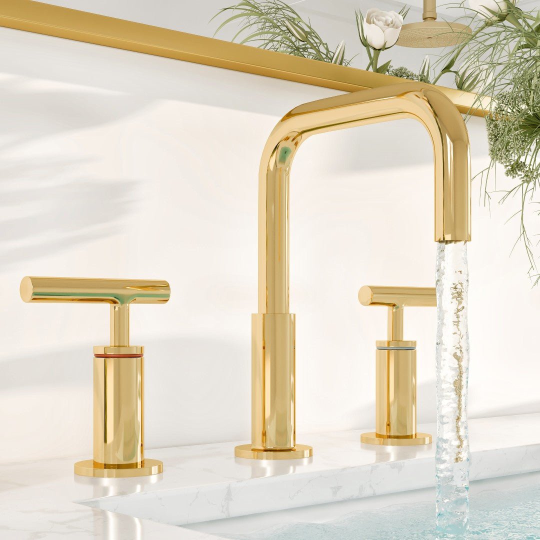 Eviva Purist 2 - Handle Gooseneck Widespread Bathroom Faucet with Deckplate Included in Gold - Bathroom Faucet by Eviva