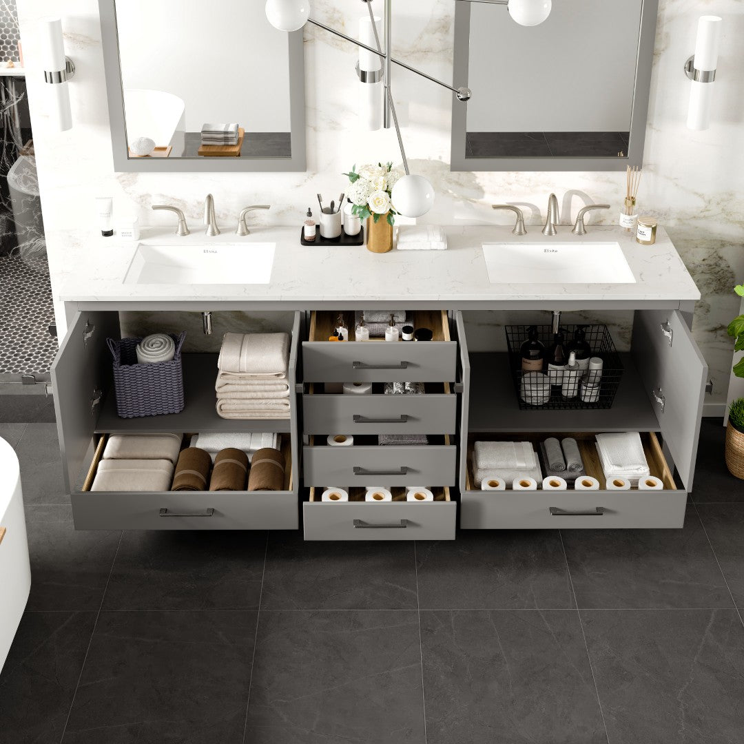 Aberdeen 84 in. Gray Double Sink Bath Vanity with Carrara Quartz Top and Undermount Porcelain Sinks