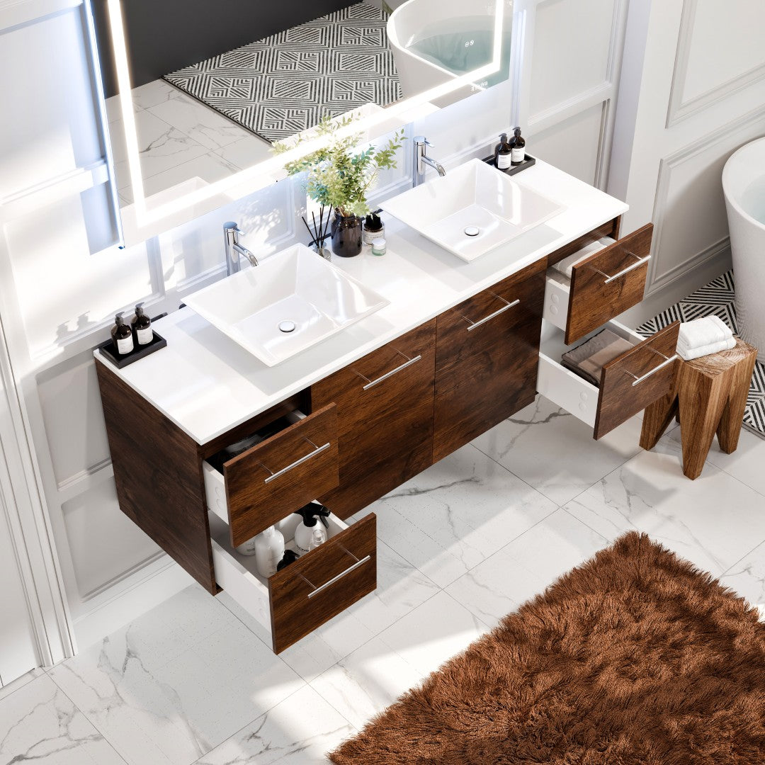 Luxurious 60 in. Rosewood Wall Mount Double Sink  Bath Vanity with White Quartz Top and Vessel Porcelain Sinks