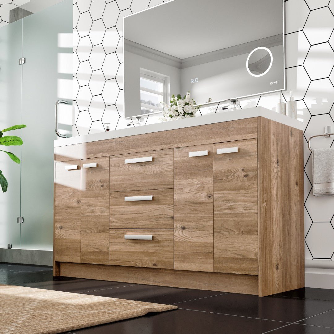 Lugano 60 in. Natural Oak Double Sink Freestanding Bath Vanity with Acrylic Top and Integrated Sinks - Bathroom Vanity by Eviva
