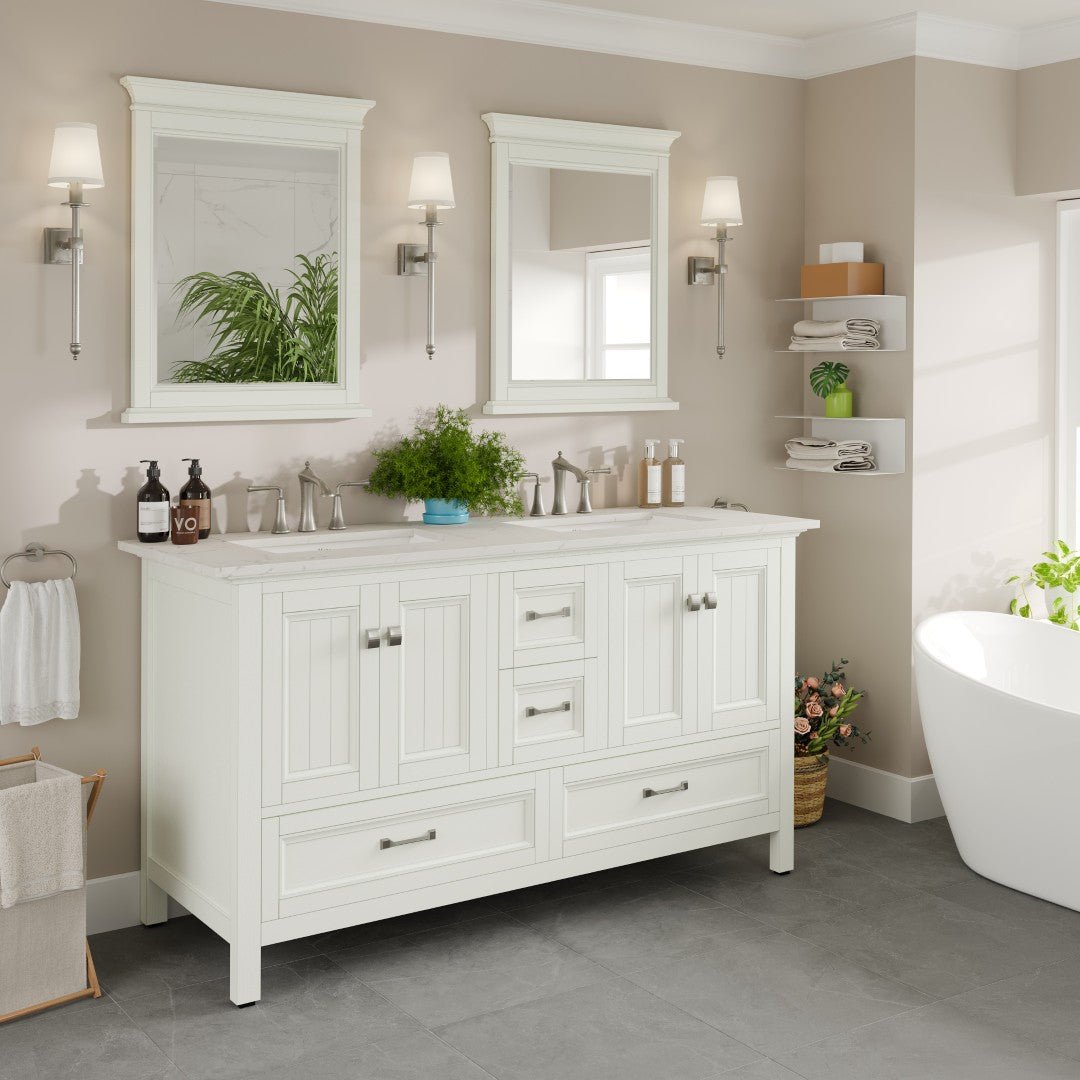 Britney 60 in. White Double Sink Bath Vanity with Carrara Quartz Top and Undermount Porcelain Sinks - Bathroom Vanity by Eviva