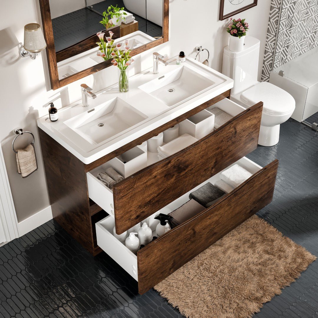 Smile 48 in. Rosewood Double Sink Freestanding Bath Vanity with Acrylic Top and Integrated Sinks - Bathroom Vanity by Eviva
