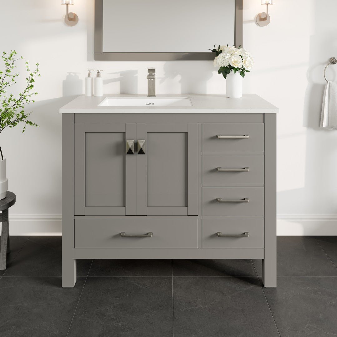 London 42 in. Gray Single Sink Bath Vanity with Carrara Quartz Top & Left Undermount Sink - Bathroom Vanity by Eviva
