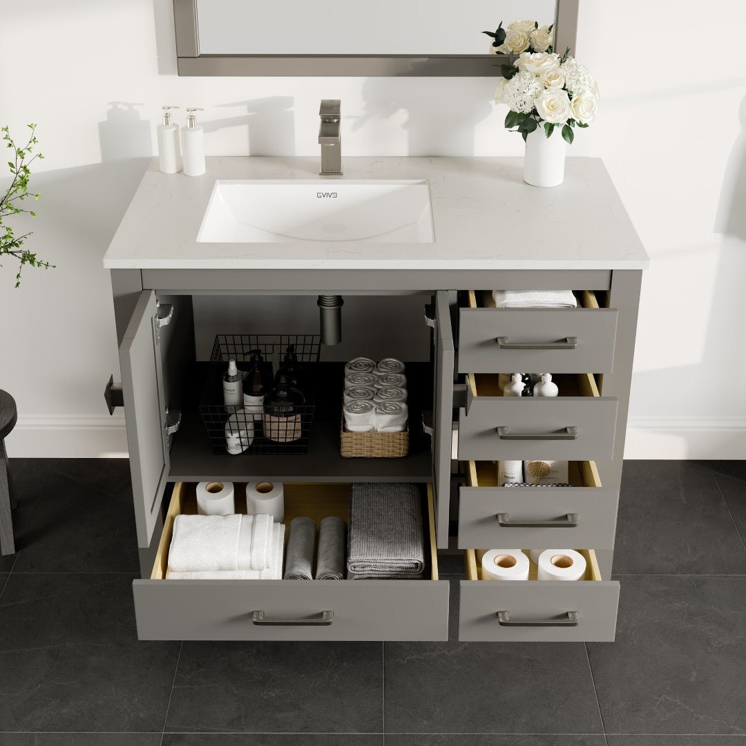 London 42 in. Gray Single Sink Bath Vanity with Carrara Quartz Top & Left Undermount Sink - Bathroom Vanity by Eviva