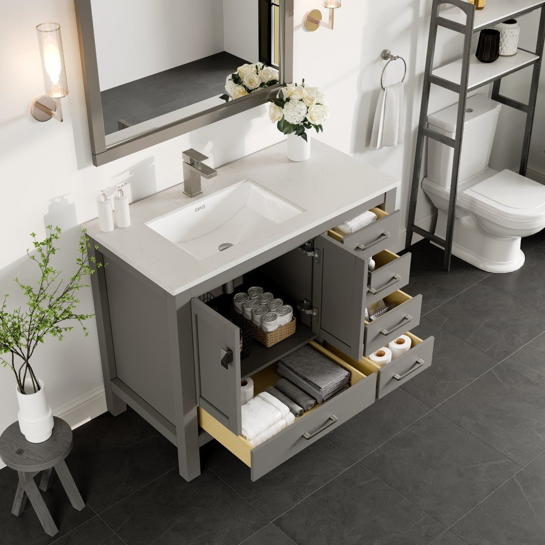 London 42 in. Gray Single Sink Bath Vanity with Carrara Quartz Top & Left Undermount Sink - Bathroom Vanity by Eviva