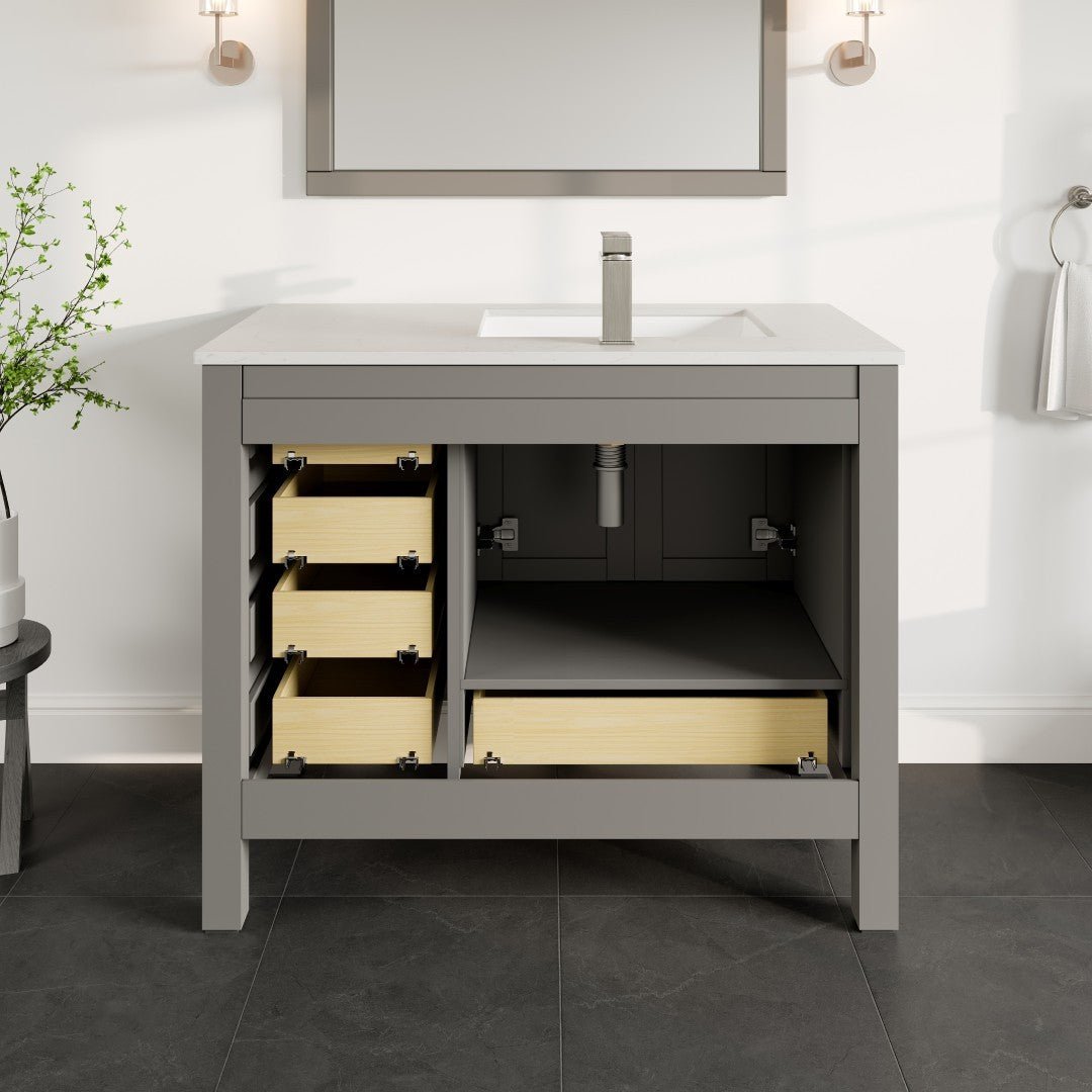 London 42 in. Gray Single Sink Bath Vanity with Carrara Quartz Top & Left Undermount Sink - Bathroom Vanity by Eviva