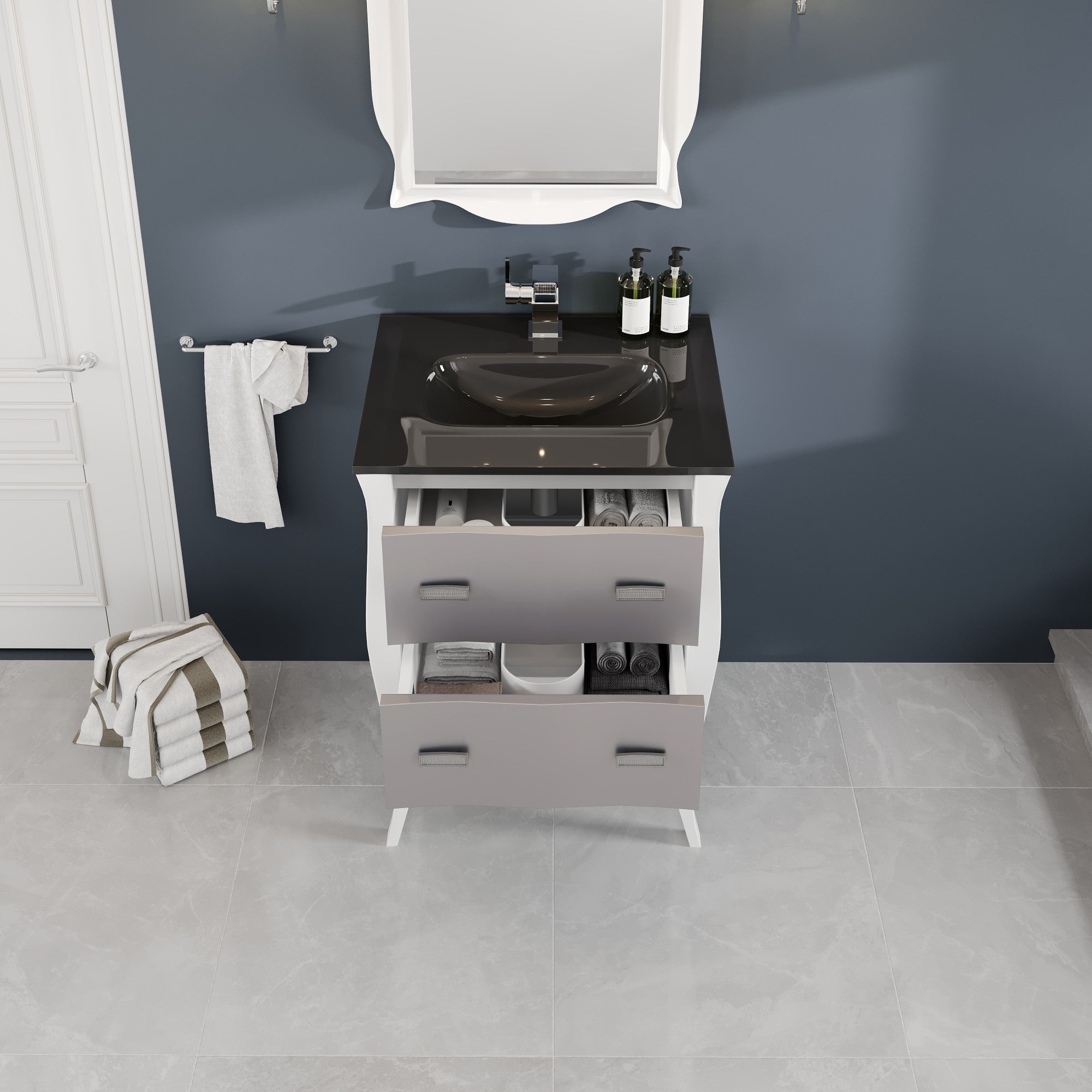 Aranjuez 24 in. White & Silver Single Sink Bath Vanity with Tempered Glass Top and Integrated Sink