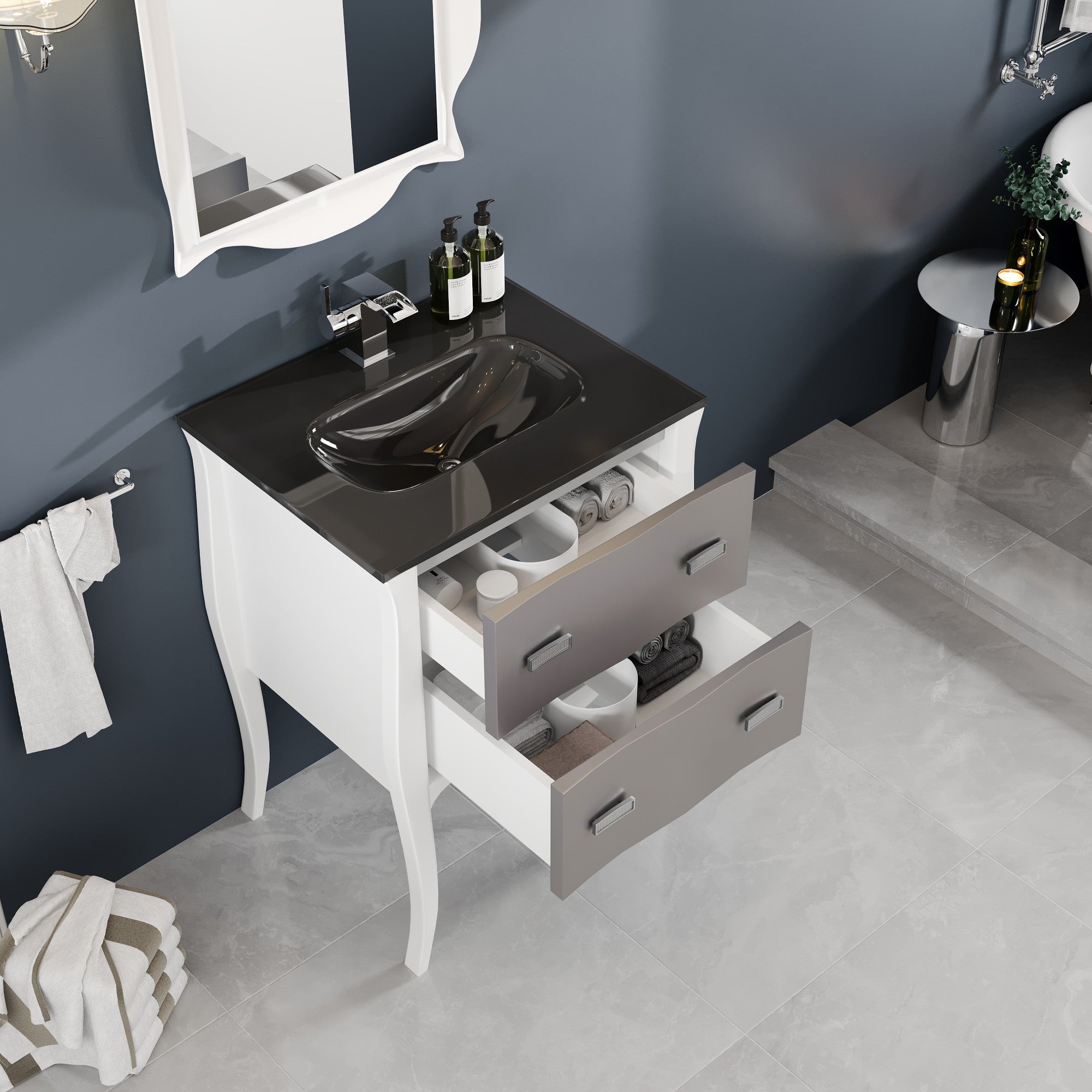 Aranjuez 24 in. White & Silver Single Sink Bath Vanity with Tempered Glass Top and Integrated Sink