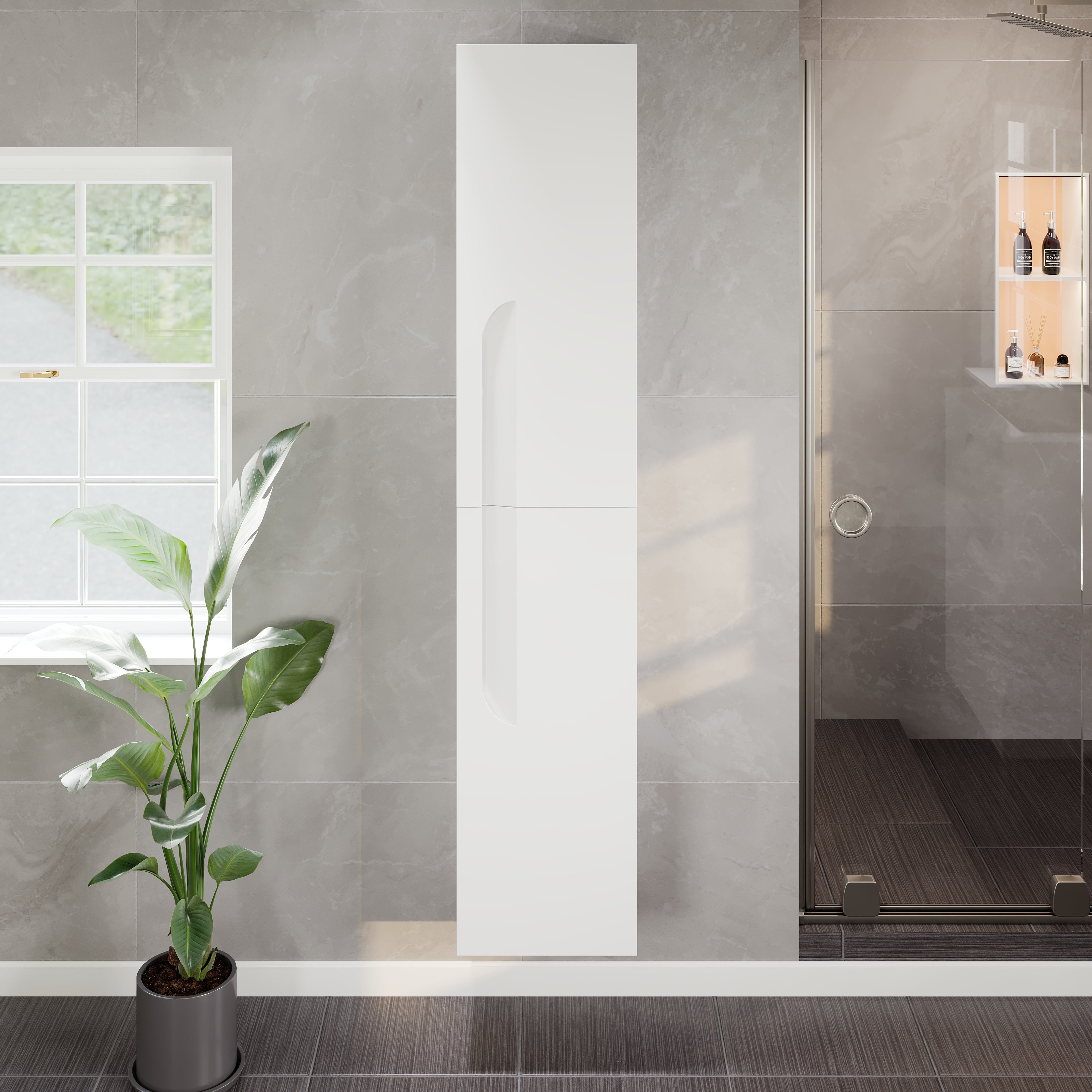 A white wall-mounted linen cabinet with two doors and integrated handles, displayed in a bathroom setting with a plant to the side.
