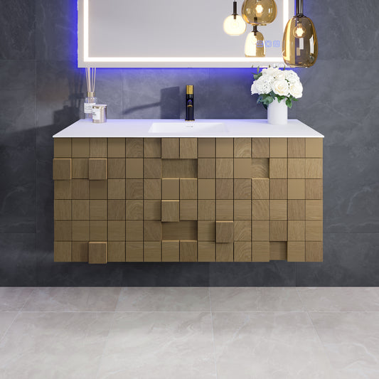 Mosaic 48"W x 20"D Natural Oak Wall Mount Bathroom Vanity with Solid Surface Countertop and Integrated Sink