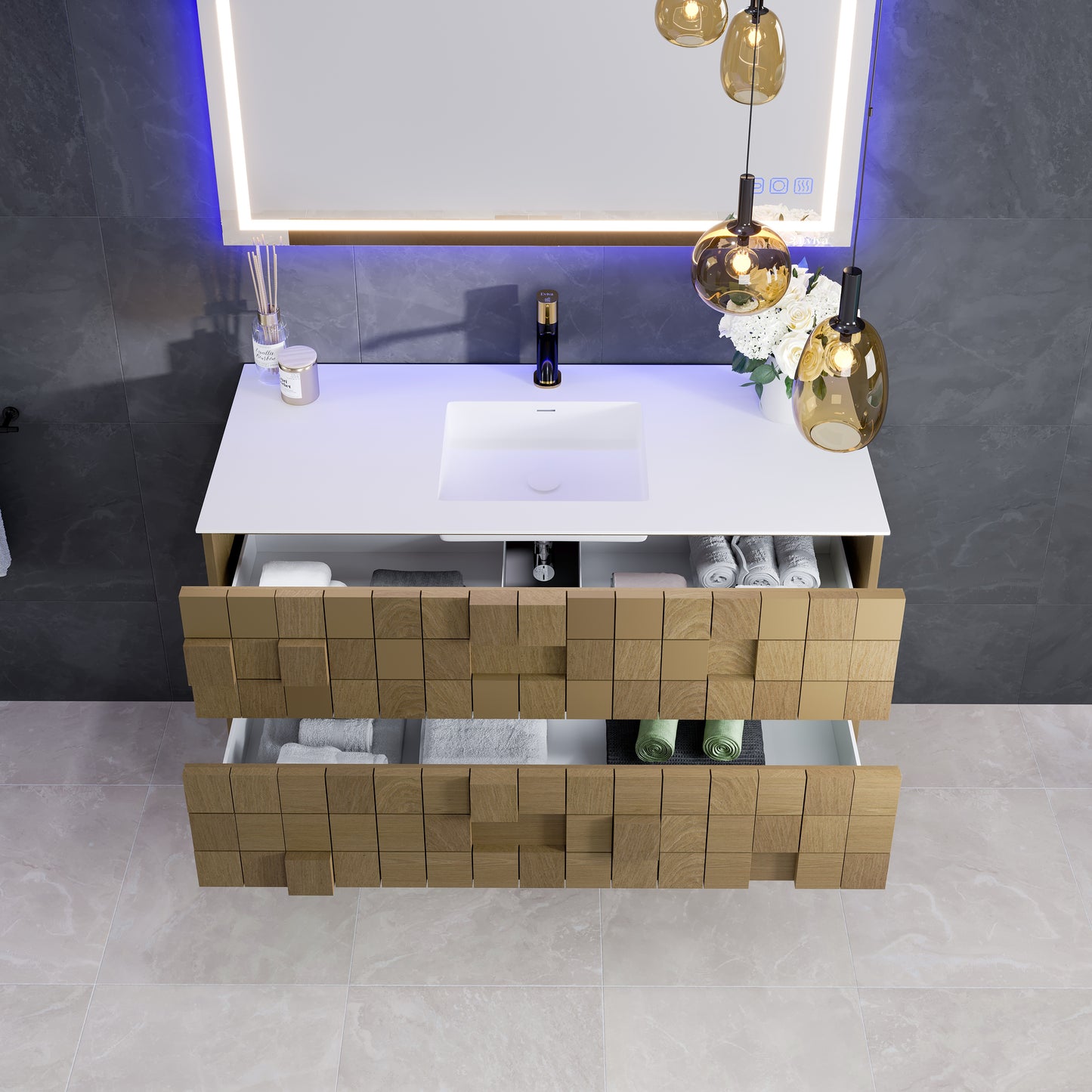 Mosaic 48"W x 20"D Natural Oak Bathroom Vanity with Solid Surface Countertop and Integrated Sink