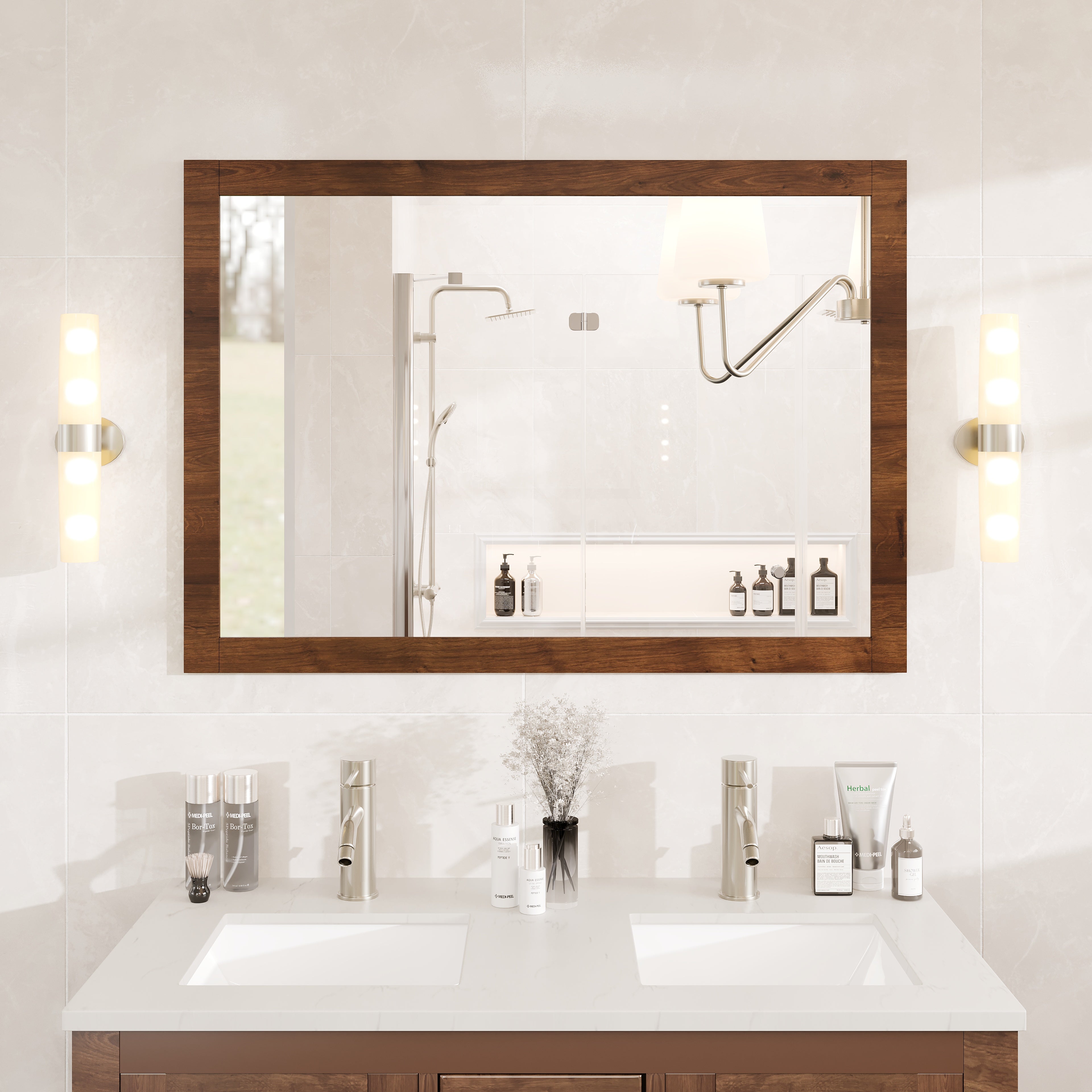 Eviva Sun 42" x 32" Rectangular Rosewood Wooden Framed Mirror