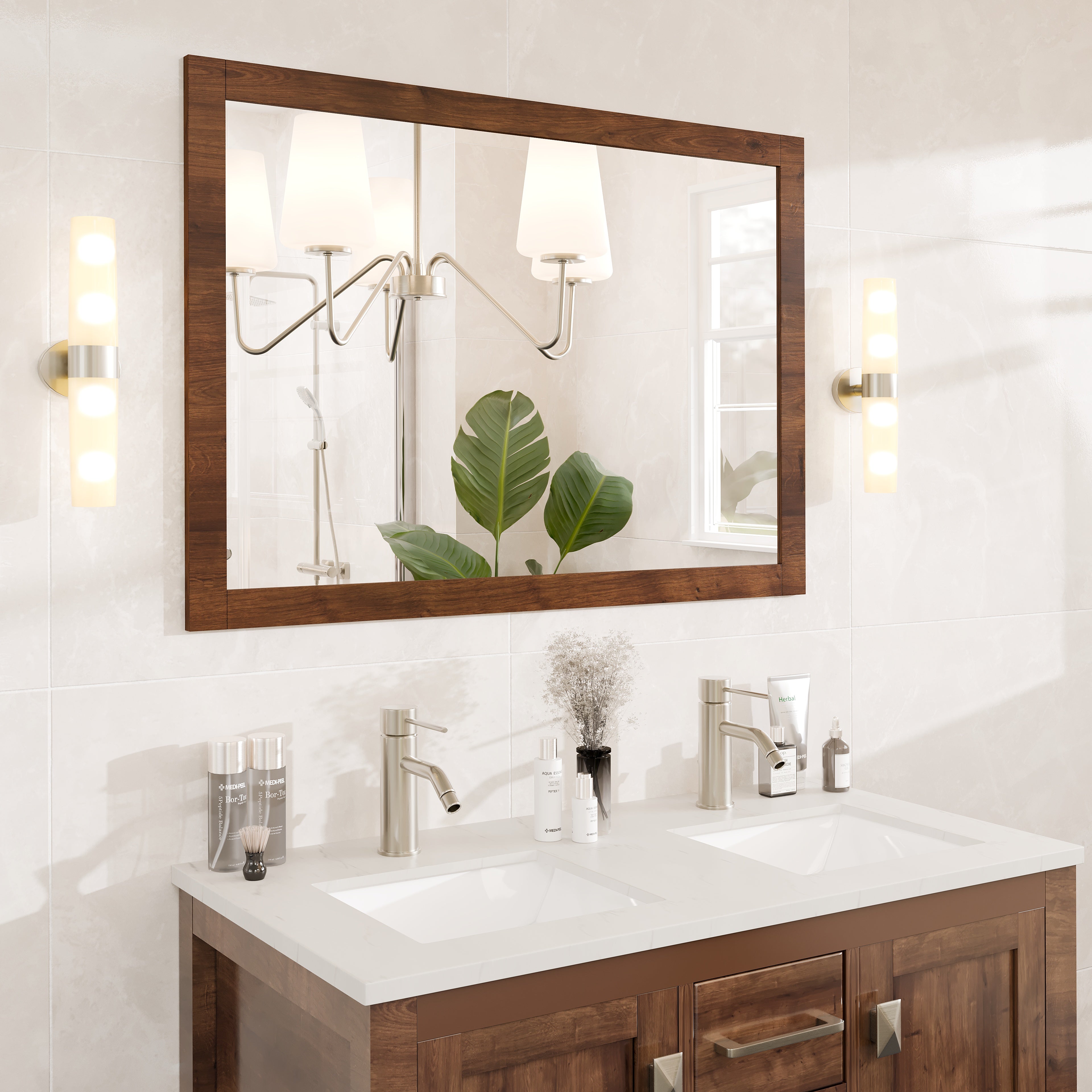 Eviva Sun 42" x 32" Rectangular Rosewood Wooden Framed Mirror