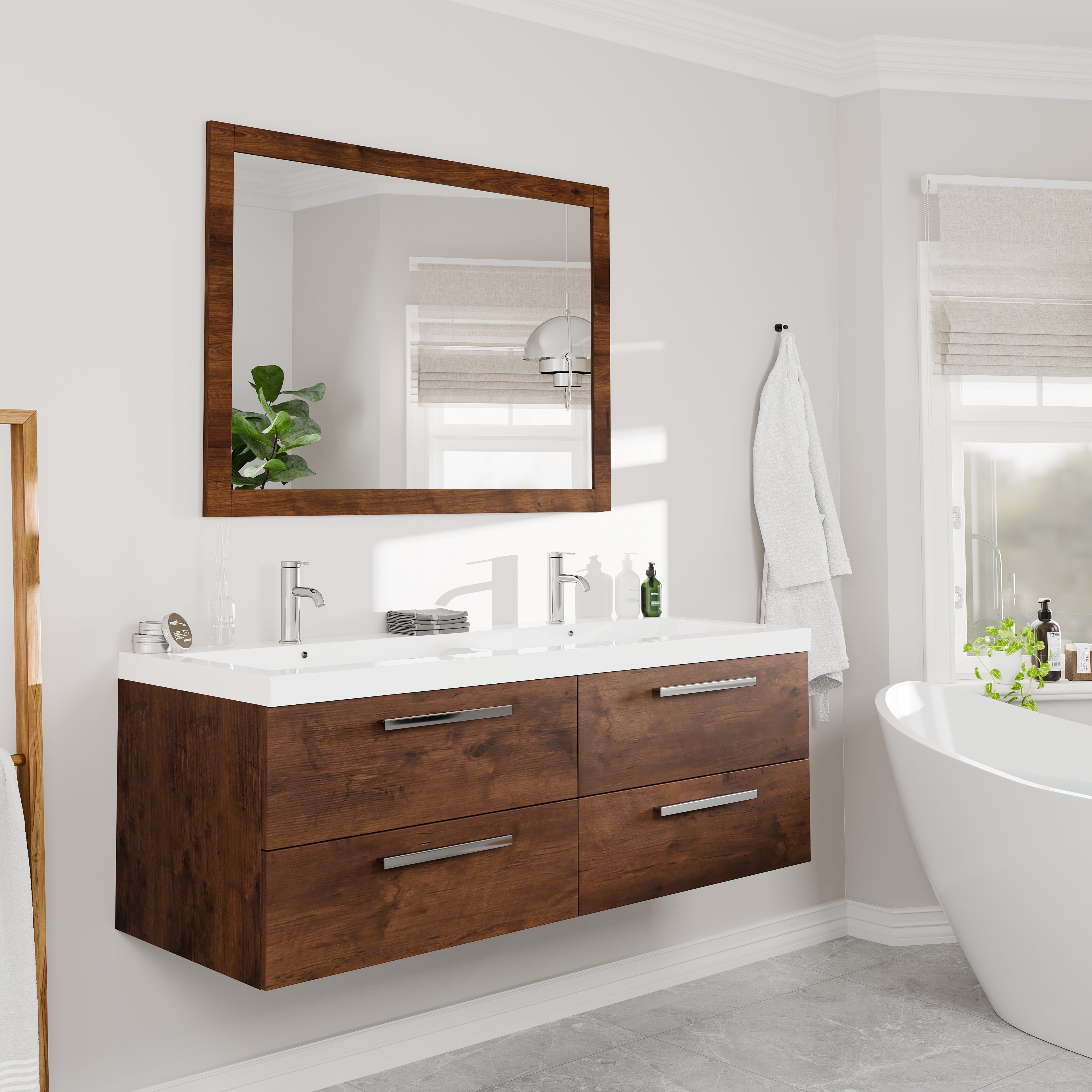 Eviva Sun 42" x 32" Rectangular Rosewood Wooden Framed Mirror
