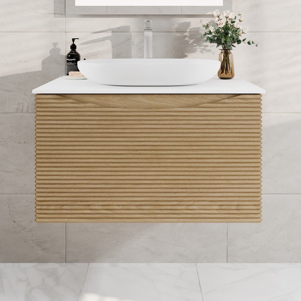Leah 32 in. Medium Oak Wall Mount Single Sink Bath Vanity with Solid Surface Top and Vessel Solid Surface Sink - Bathroom Vanity by Eviva