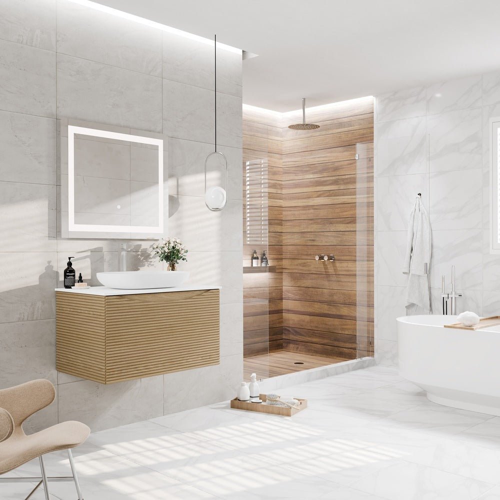 Leah 32 in. Medium Oak Wall Mount Single Sink Bath Vanity with Solid Surface Top and Vessel Solid Surface Sink - Bathroom Vanity by Eviva