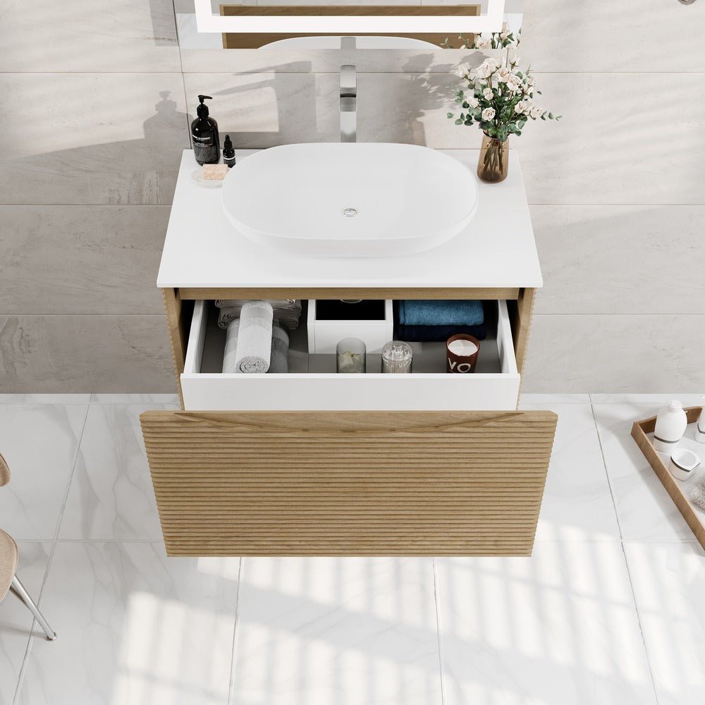 Leah 32 in. Medium Oak Wall Mount Single Sink Bath Vanity with Solid Surface Top and Vessel Solid Surface Sink - Bathroom Vanity by Eviva