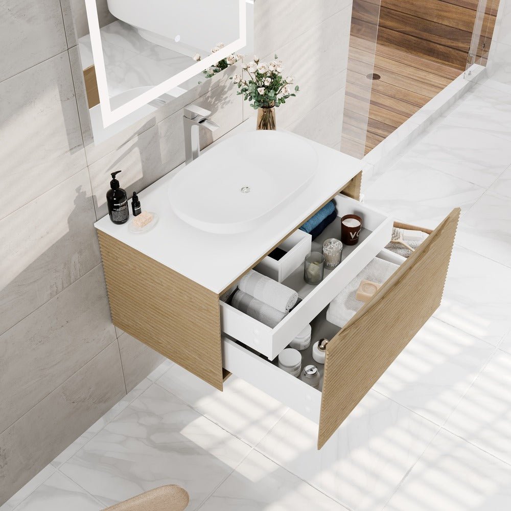 Leah 32 in. Medium Oak Wall Mount Single Sink Bath Vanity with Solid Surface Top and Vessel Solid Surface Sink - Bathroom Vanity by Eviva