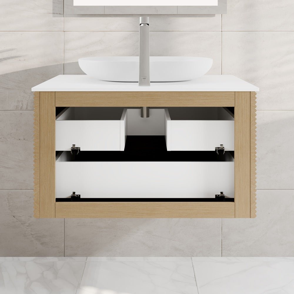 Leah 32 in. Medium Oak Wall Mount Single Sink Bath Vanity with Solid Surface Top and Vessel Solid Surface Sink - Bathroom Vanity by Eviva