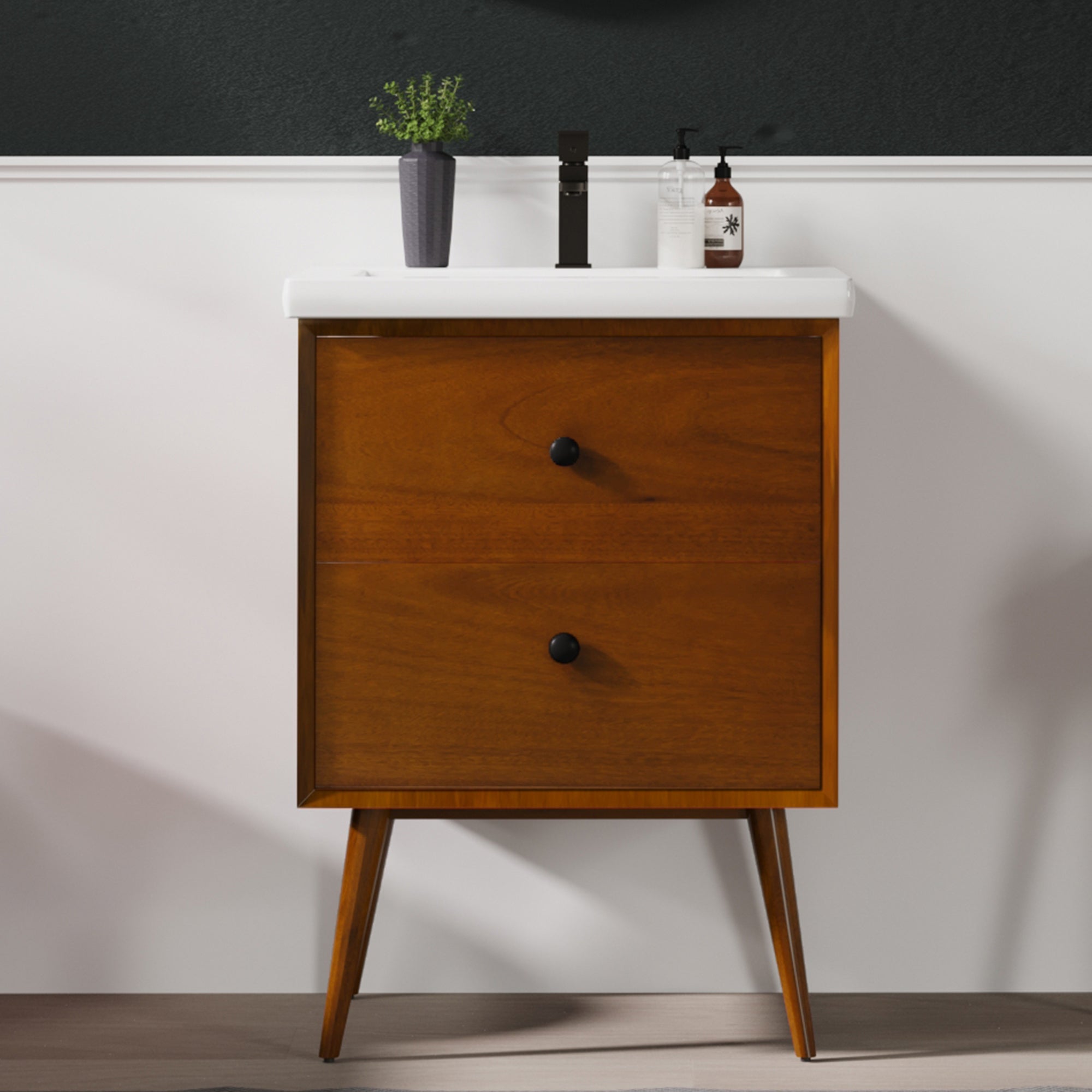 Caramel 24 in. Teak Single Sink Bath Vanity with Porcelain Top and Integrated Sink