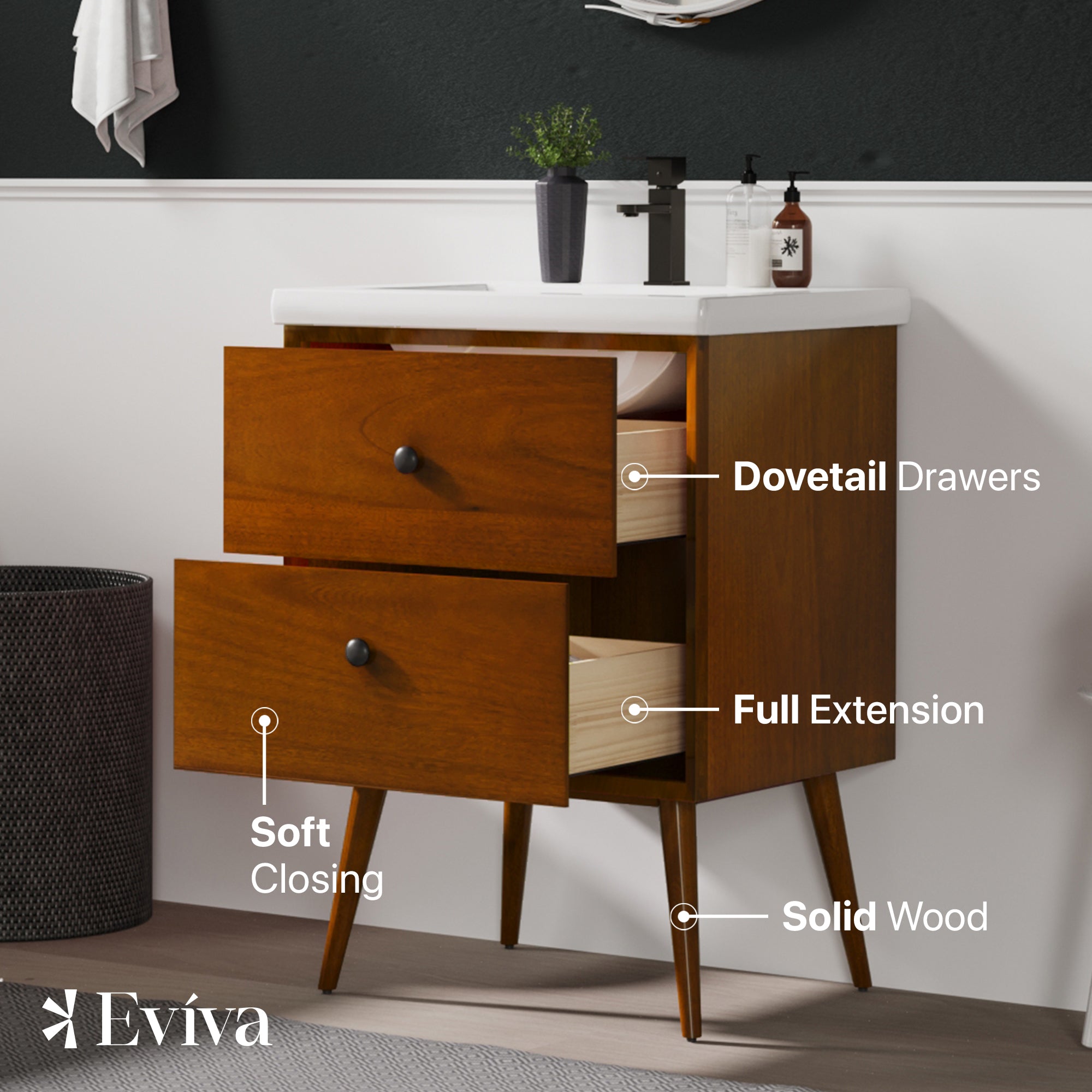 Caramel 24 in. Teak Single Sink Bath Vanity with Porcelain Top and Integrated Sink