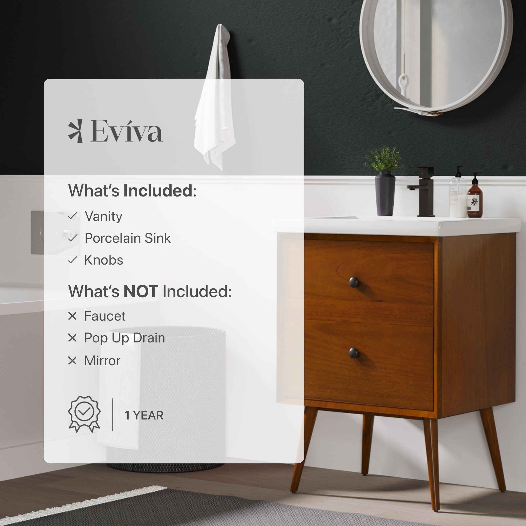 Caramel 24 in. Teak Single Sink Bath Vanity with Porcelain Top and Integrated Sink