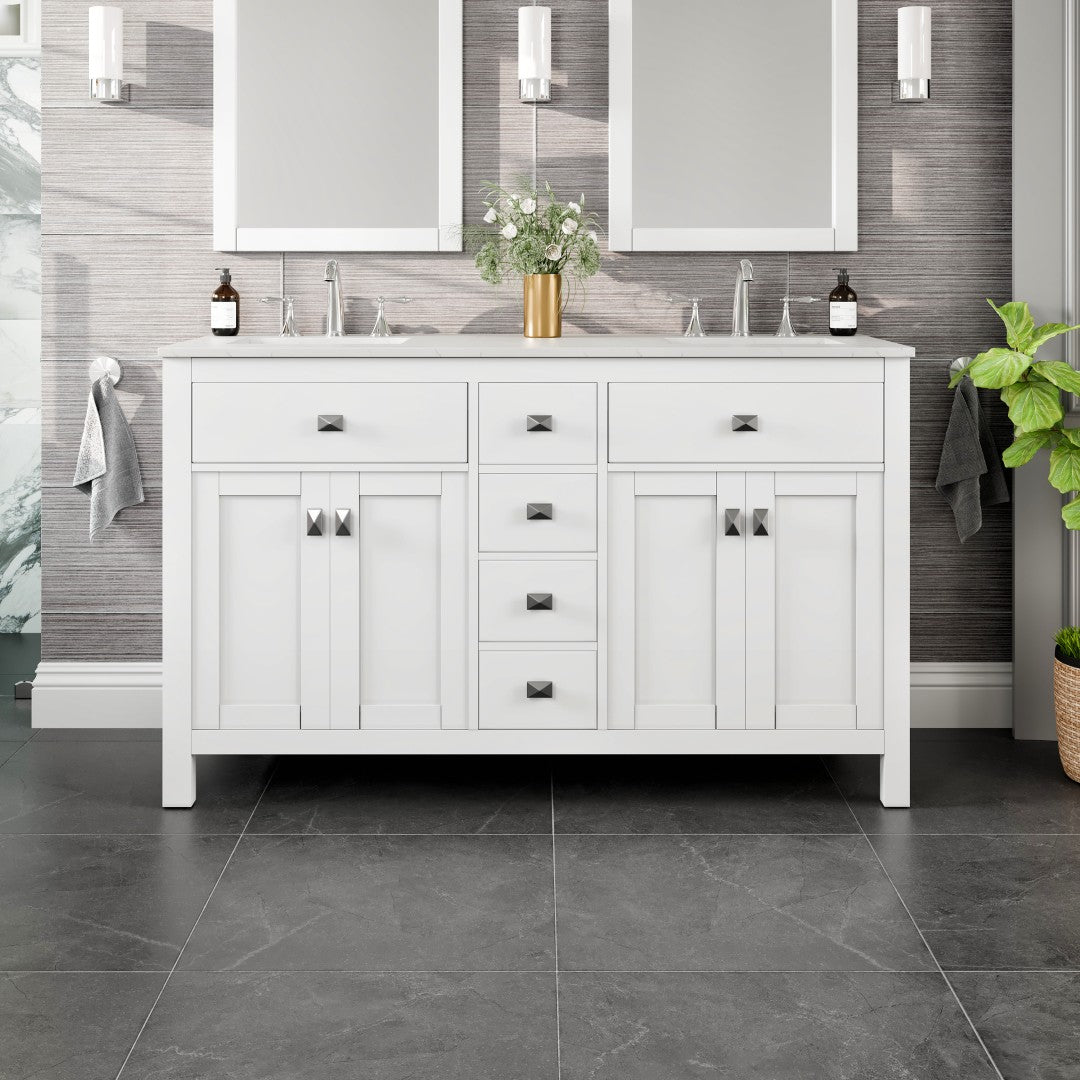 Memphis 60 in. White Double Sink Bath Vanity with Carrara Quartz Top and Undermount Porcelain Sinks