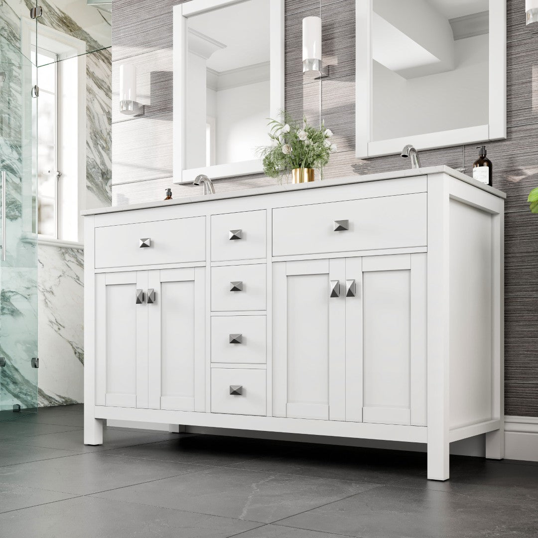 Memphis 60 in. White Double Sink Bath Vanity with Carrara Quartz Top and Undermount Porcelain Sinks