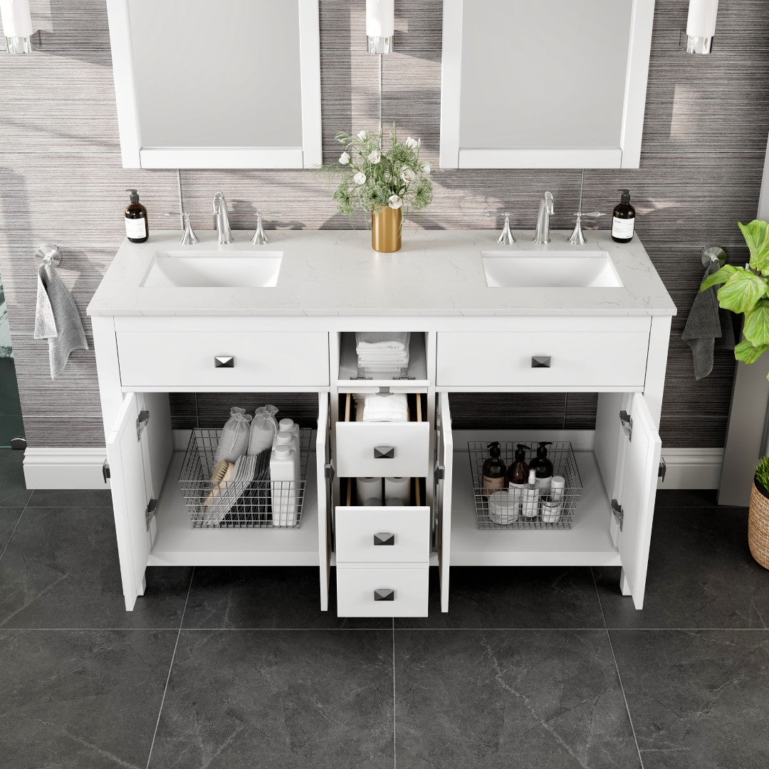 Memphis 60 in. White Double Sink Bath Vanity with Carrara Quartz Top and Undermount Porcelain Sinks