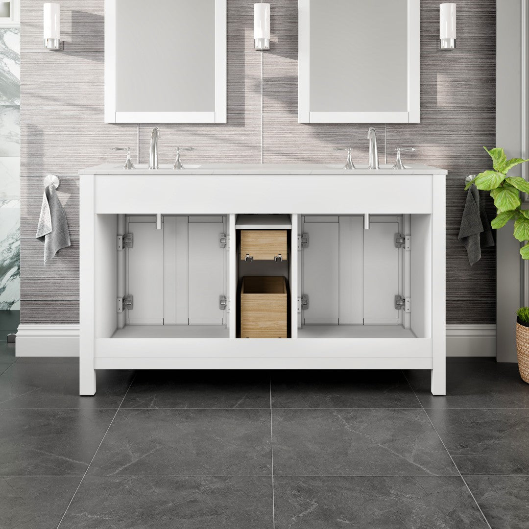 Memphis 60 in. White Double Sink Bath Vanity with Carrara Quartz Top and Undermount Porcelain Sinks