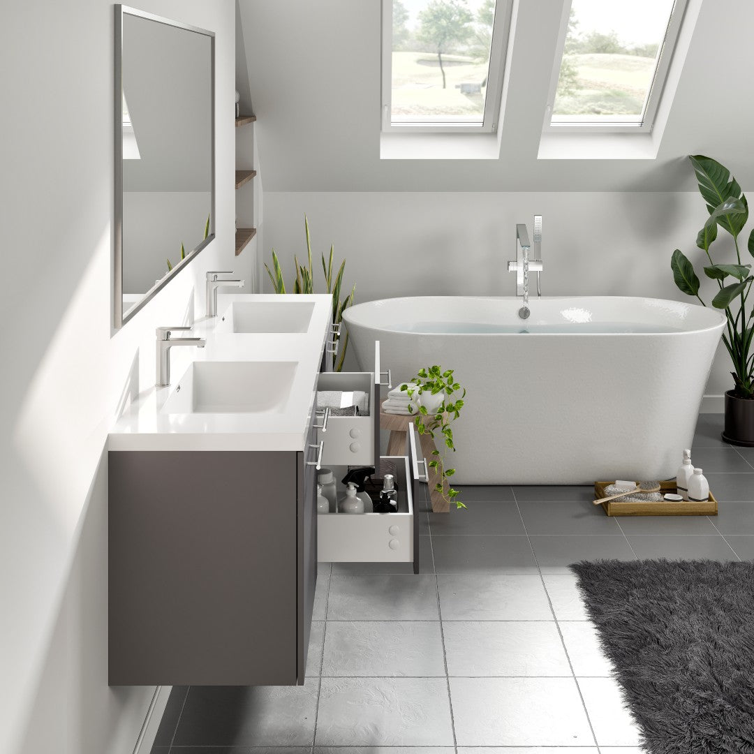 Axis 72 in. Gray Wall Mount Double Sink Bath Vanity with Acrylic Top and Integrated Sinks