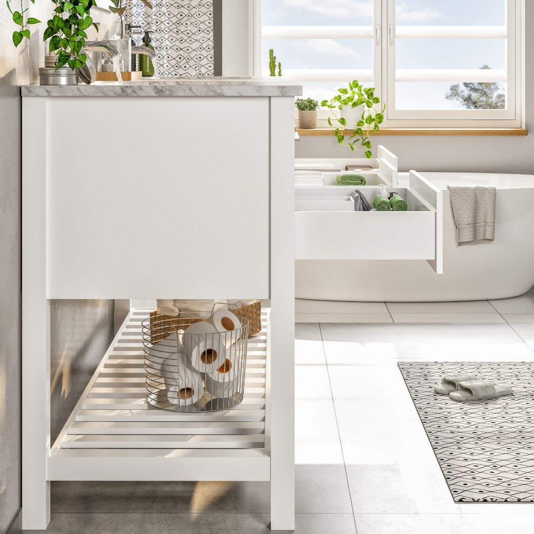 Natalie 60 in. White Double Sink Bath Vanity with Carrara Marble Top and Undermount Porcelain Sinks