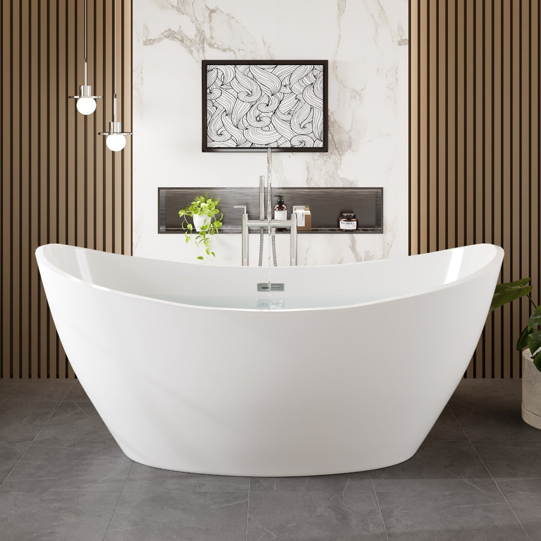A glossy white acrylic slipper freestanding bathtub installed in a bathroom with a chrome overflow drain and centered drain position.
