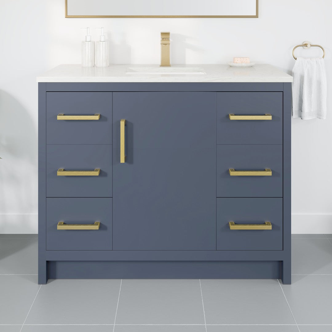 Curio 42 in. Dark Blue Single Sink Bath Vanity with Carrara Quartz Top and Undermount Porcelain Sink