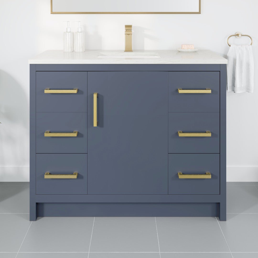 Curio 42 in. Dark Blue Single Sink Bath Vanity with Carrara Quartz Top and Undermount Porcelain Sink - Bathroom Vanity by Eviva