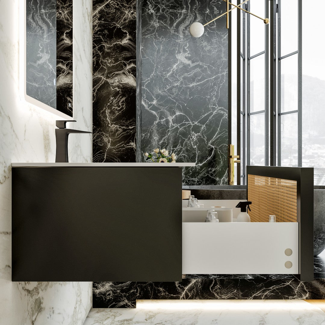 Nets 32 in. Natural Oak/Black Wall Mount Single Sink Bath Vanity with Solid Surface Top and Integrated Sink