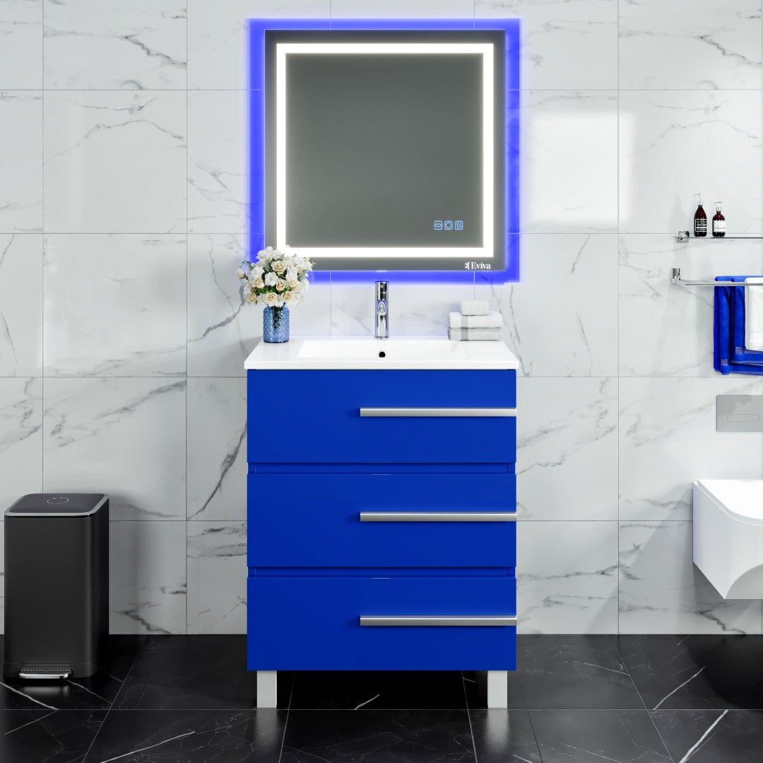 Deluxe 32 in. Blue Single Sink Bath Vanity with Porcelain Top and Integrated Sink