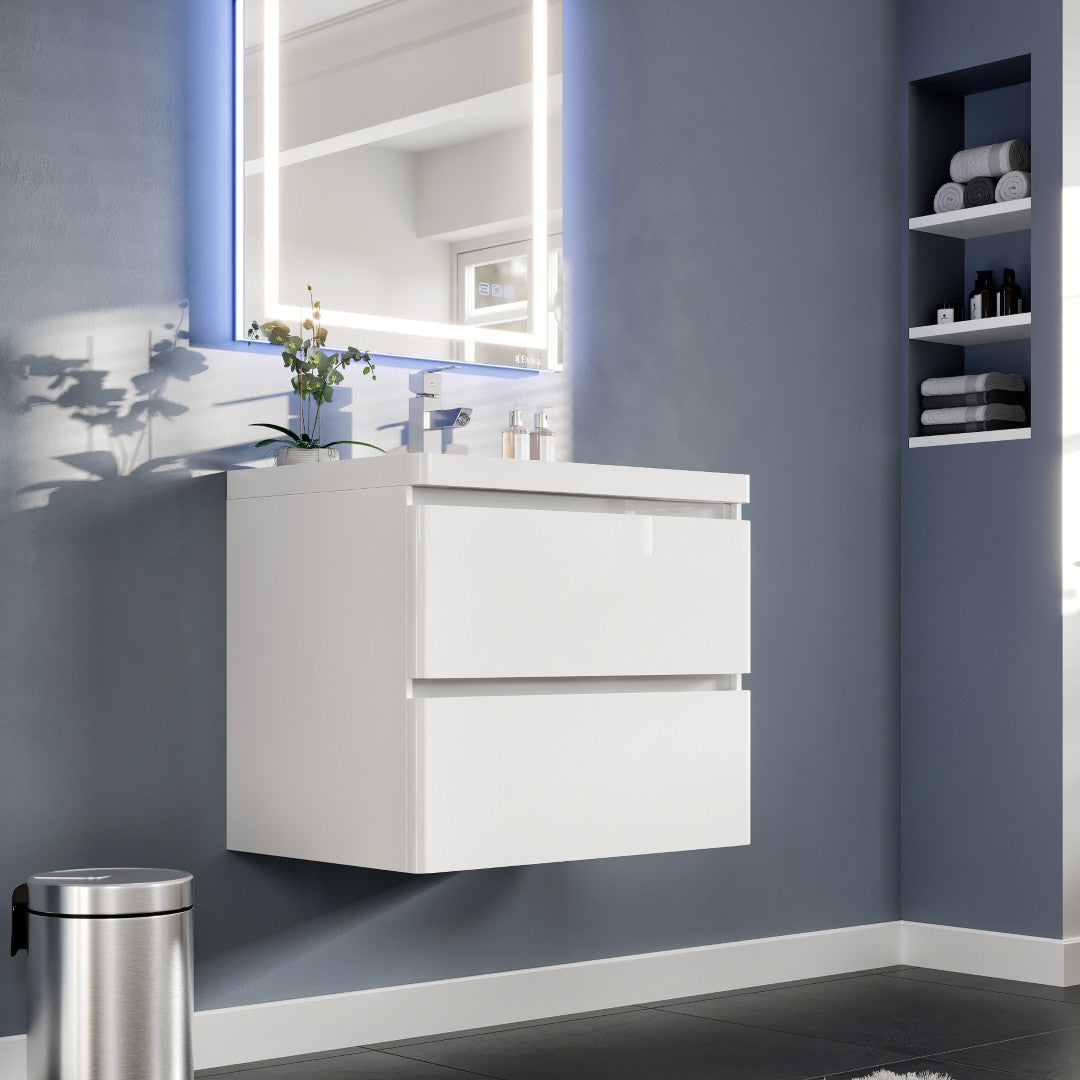Glazzy 28 in. White Wall Mount Single Sink Bath Vanity with Acrylic Top and Integrated Sink